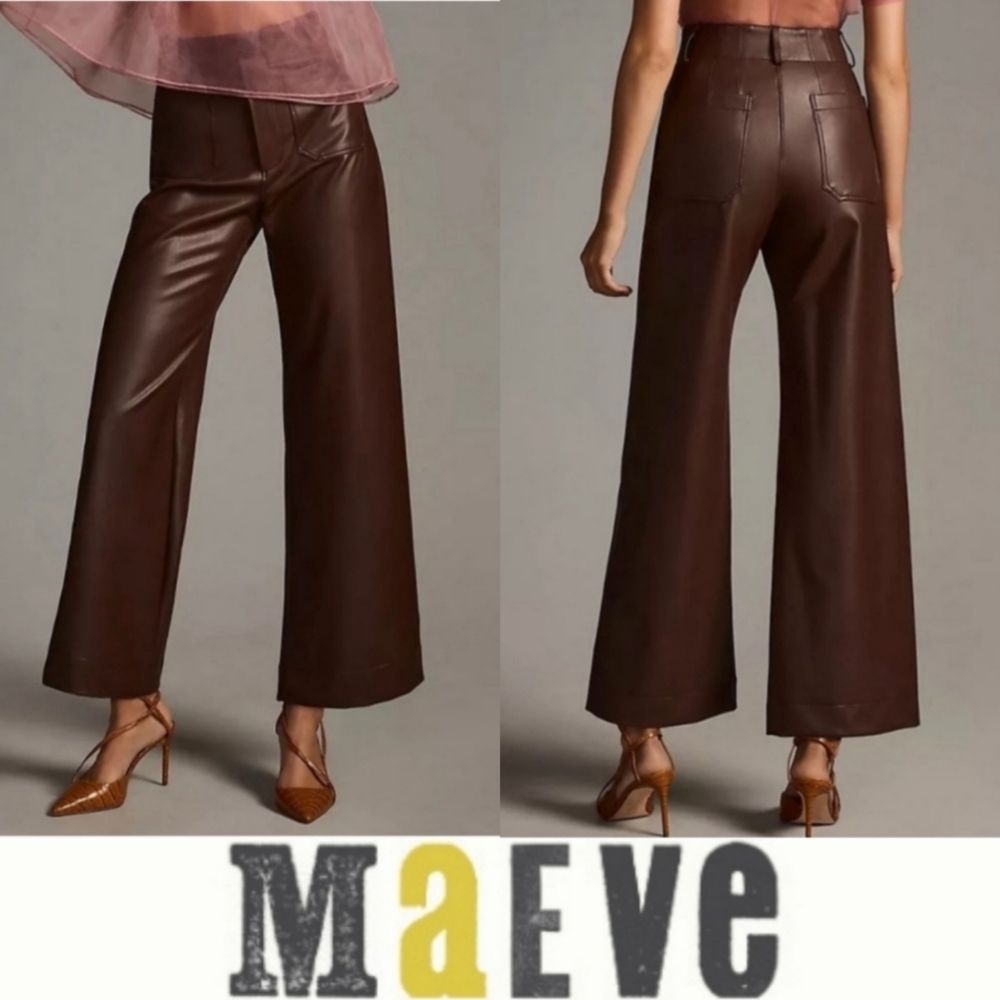 Maeve Anthropologie Colette High-Rise Crop Wide-Leg Flare Faux Leather Pants NWT